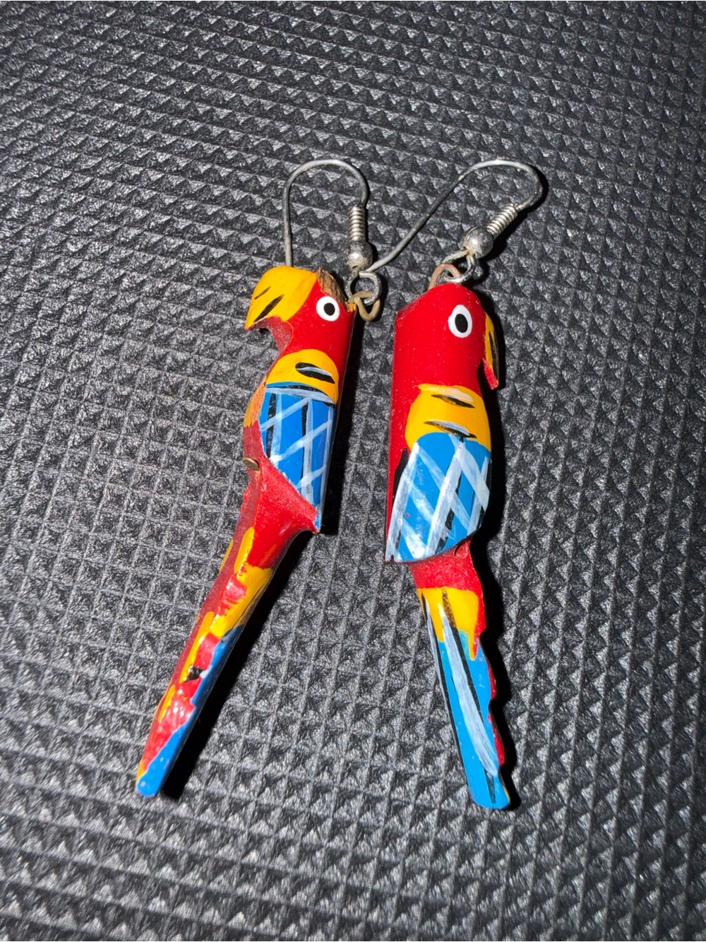 Hand-Painted Red Parrot Bird Earrings - Colorful Blue & Yellow Accents